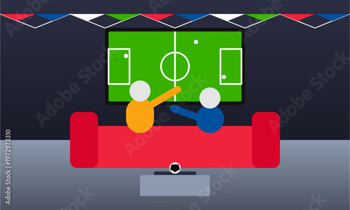 Hand-drawn fans on a red sofa watching football match on large screen in dark room setting authentic illustration