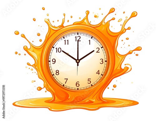 Digital illustration depicting a clock's face surrounded by and dripping with an orange liquid, splashed against a white backdrop