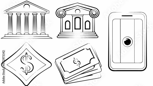 Vector icons for mobile banking qr payment and financial transactions in black and white