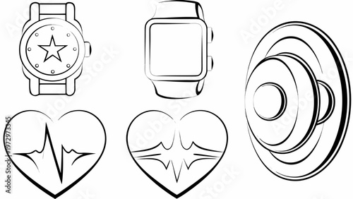 Vector icons of smartwatch heart rate and fitness tracker on white background