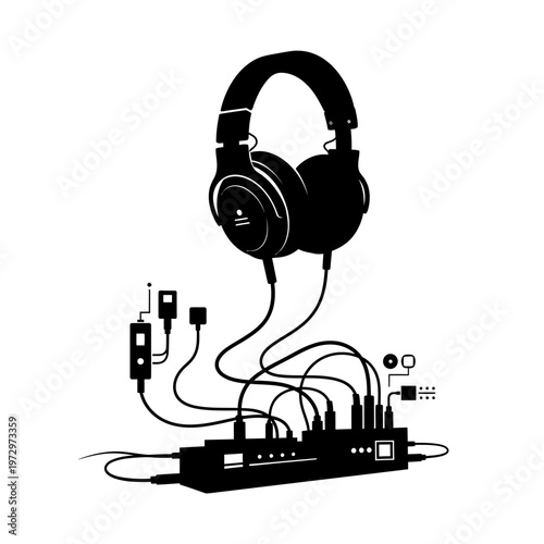 Binaural Beats Headphone Setup for Sound Hacking and Brainwave Entrainment Vector Silhouette