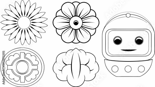 Vector icons of chatbot ai assistant robot flowers gear and brain on white background