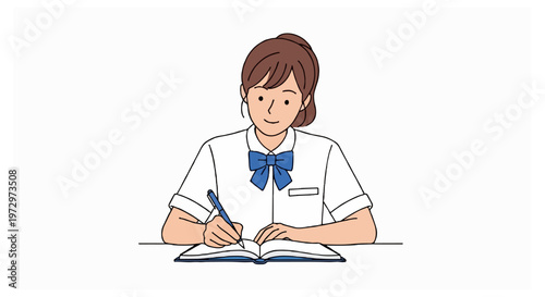 A female student writing in an open textbook at a white desk.