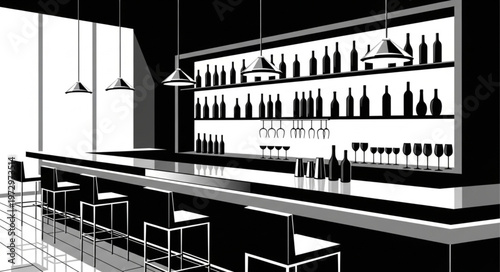 Sleek Bar Interior with Bottles and Modern Lighting.