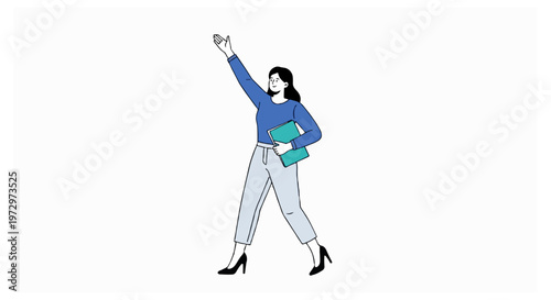 A woman in blue walking sideways with a raised hand and a folder.