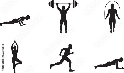 Fitness icons, workout silhouettes, exercise vector set, black fitness icons