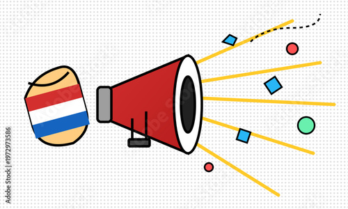 Hand-drawn vibrant red megaphone with Netherlands flag fan face art and colorful comic pop art blast authentic illustration