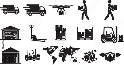 Logistics and transportation icons for global delivery services
