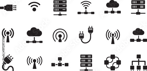 Technology and networking icons on white background