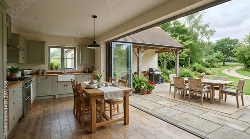 Spacious Country Kitchen Dining Area Opens To Outdoor Patio With Seating Surrounded By Lush Green Landscape And Trees indoor outdoor living
