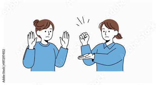 Two women in blue tops display expressive hand gestures including a fist hitting a palm and raised hands in a flat vector illustration style.