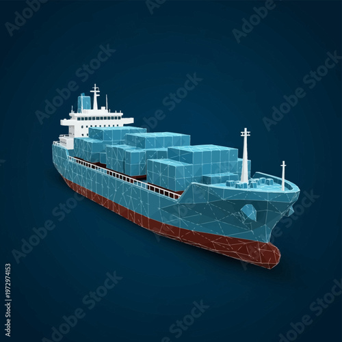 Abstract low-poly 3D cargo container ship with a blue hull and red base, featuring white bridge and stacked freight containers, geometric polygonal mesh on dark blue background.