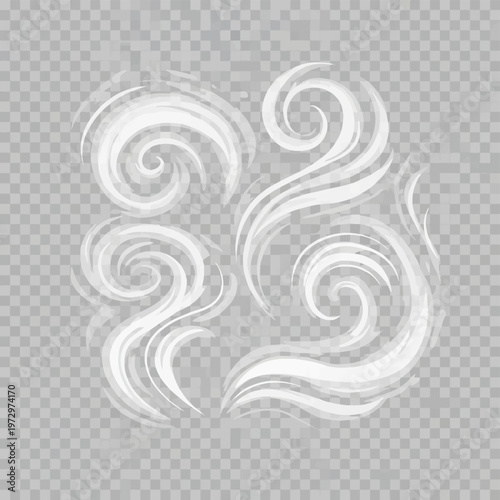 White stylized smoke swirls, wind spirals, and air vortex elements on a transparent background, vector illustration featuring curved vapor, steam, and flowing wavy motion lines.
