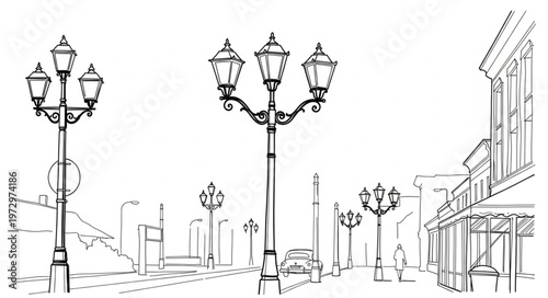 Street Lights Sketch - A Detailed Black and White Illustration.