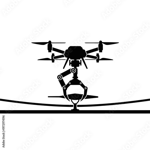 Drone Installing Bird Diverter on Transmission Line Robotic Claw Vector Silhouette
