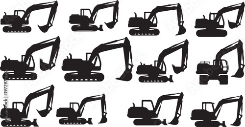 Excavator Silhouettes in Various Positions and Angles