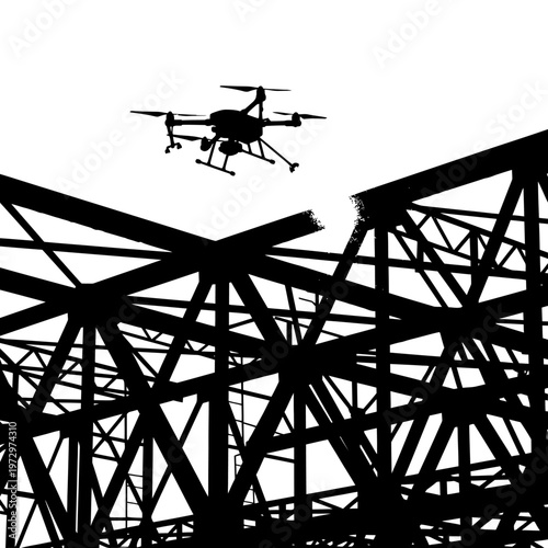 Drone Spraying Anti-Corrosion Coating on Metal Structure Industrial Vector Silhouette