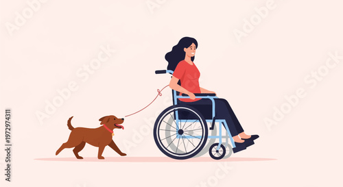 Vector illustration of a smiling woman with dark hair sitting in a manual wheelchair being pulled by a brown dog on a leash, flat minimalist design on a plain background.