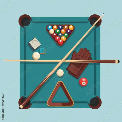 Flat vector top view illustration of a teal billiard table featuring crossed wooden cues, a brown pool glove, racked colored balls, blue chalk, white cue balls, and a wooden triangle.