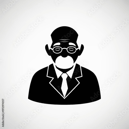 Black and white vector icon of an elderly man wearing glasses, a suit jacket, and a necktie. Minimalist silhouette portrait of a senior male figure, grandfather avatar illustration.