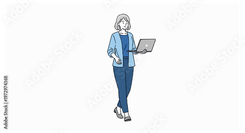 A grey haired woman in a blue cardigan and navy trousers walks while carrying a laptop computer in a full length character illustration on white.