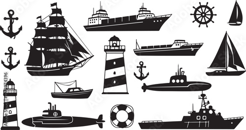 Nautical icons and ships on white background