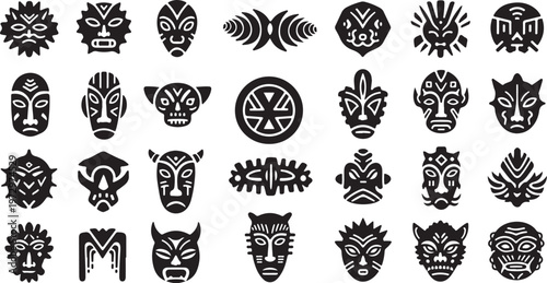 Tribal Masks and Symbols in Black Vector Icons