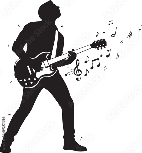 Black silhouette of man playing electric guitar with musical notes