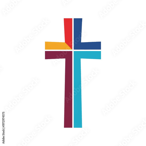 Modern Abstract Christian Cross Illustration Composed of Multi-Colored Geometric Segments in Red Blue Yellow and Burgundy Isolated on a Plain White Background Graphic Icon Logo