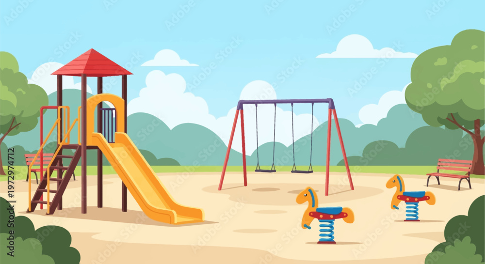 Fototapeta premium Empty children's playground vector illustration with a yellow slide, swing set, horse spring riders, wooden park benches, and green trees under a blue sky with white clouds.