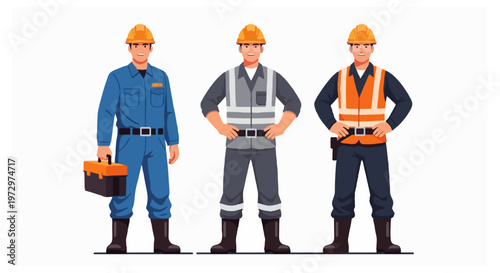 Three male industrial workers wearing safety helmets and various uniforms stand side by side on a plain white background.