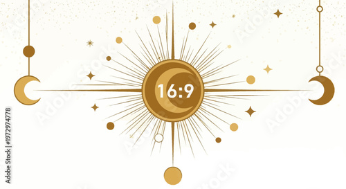 Golden celestial illustration featuring a central sunburst with a crescent moon, hanging lunar ornaments, and stars on a textured cream background in 16:9 aspect ratio.