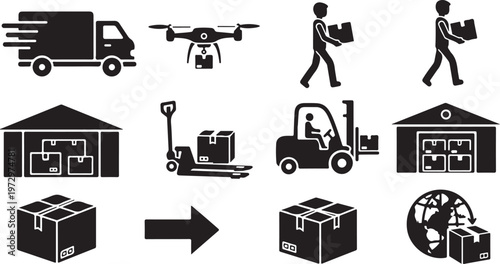 Logistics and delivery icons in black and white