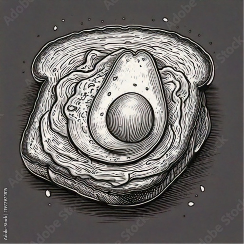 Hand drawn illustration of avocado toast on dark background.