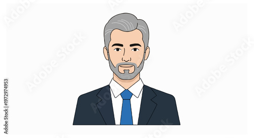 A digital illustration of a middle-aged man with grey hair and a beard wearing a navy blue business suit and tie.