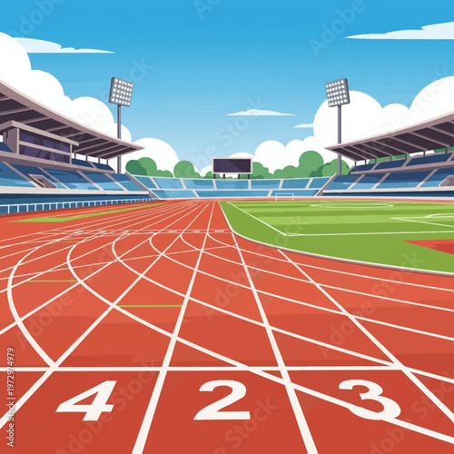 Vector illustration of a modern multi-purpose sports stadium featuring a red athletic running track with white lane numbers, a green grass infield, grandstand seating, and floodlights.