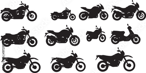 Silhouettes of various motorcycles on white background