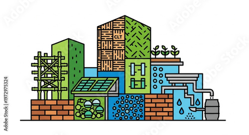 Sustainable Cityscape Illustration with Eco-Friendly Building Designs.