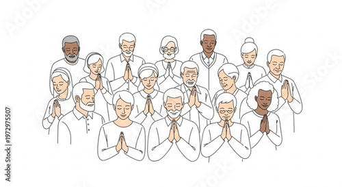 Diverse group of people praying together in unity and harmony with hands clasped in a gesture of faith and spirituality