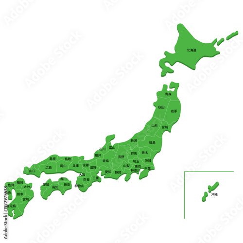 全国の県境と県名が入っている緑色の日本地図のベクターイラストデザイン。
