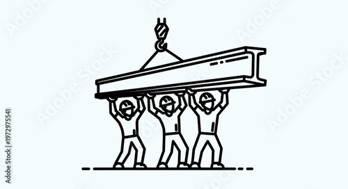 Teamwork in Construction - Workers Lifting Steel Beam with Crane.