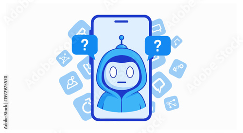 A blue smartphone displaying a hooded robot with question mark speech bubbles surrounded by various floating application icons on a white background.