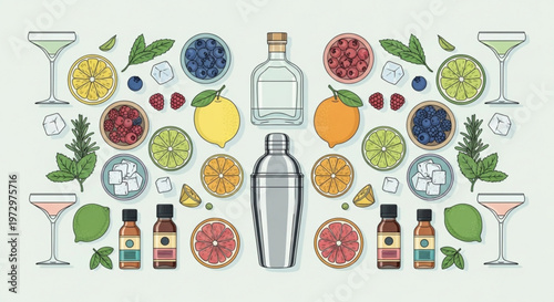 Cocktail ingredients and mixology tools illustration with fruits herbs and glasses