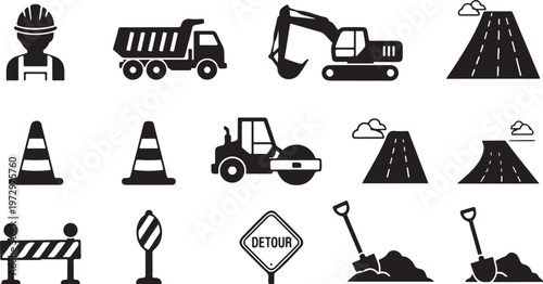 Road construction icons and symbols set black