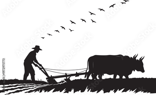 Black silhouette of man plowing field with oxen and birds flying