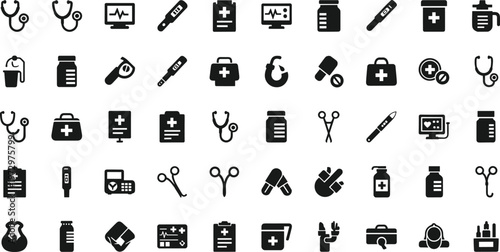 Medical and Healthcare Icons Set Featuring Stethoscopes, First Aid Kits, Medicine Bottles, Thermometers, and Healthcare Tools for Health, Medical, and Wellness Designs