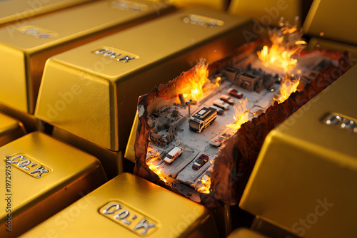 Gold Bar Revelation: An artistic display unveils a hidden city consumed by flames within a stash of gold bars, symbolizing hidden wealth.