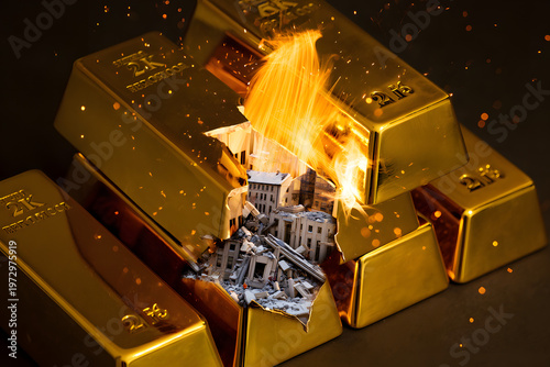 Golden Deconstruction: The image features a striking juxtaposition as gold bars undergo a fiery transformation, revealing a miniature cityscape within.