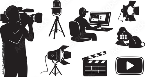 Video Production and Filmmaking Equipment Silhouette Icons Set