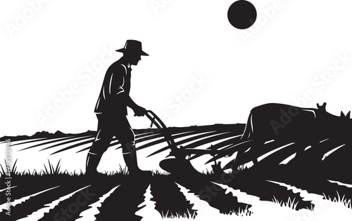 Black silhouette of man plowing field with oxen farmer